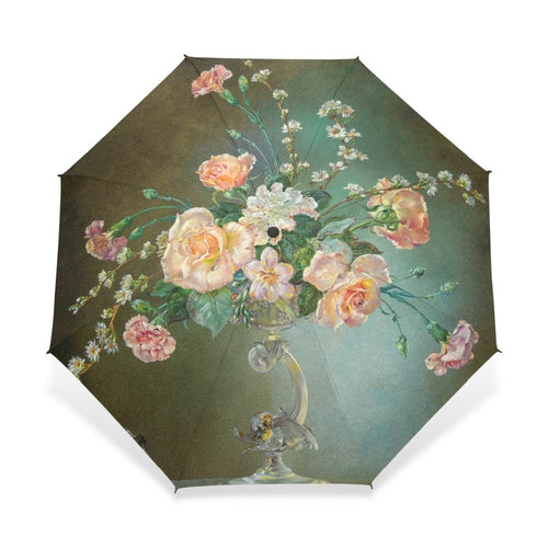 Classical 19th Century Watercolor Painting Umbrella 3 Folding Flower Painting
