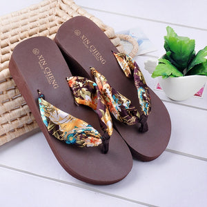 Bohemia Floral Beach Sandals Wedge Platform Thongs Slippers